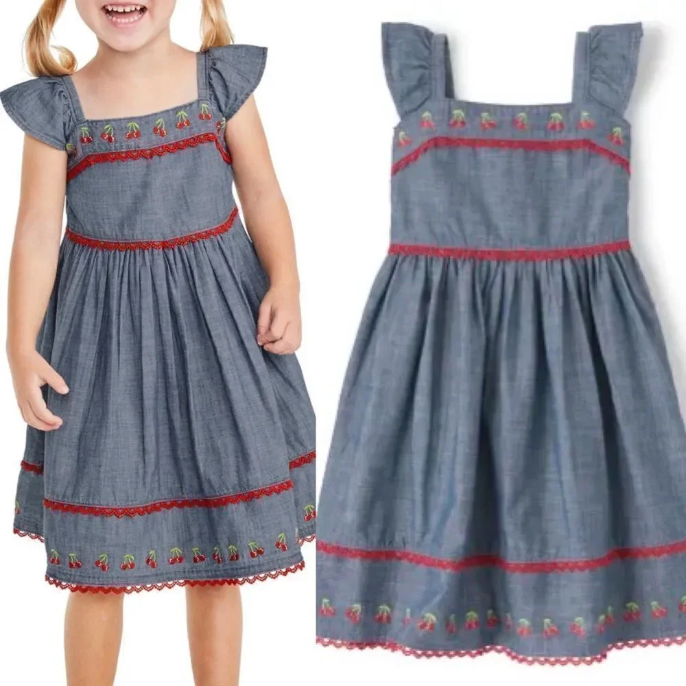 Gymboree Embroidered Chambray Cherry denim ruffle Americana 4th of July Dress 3T